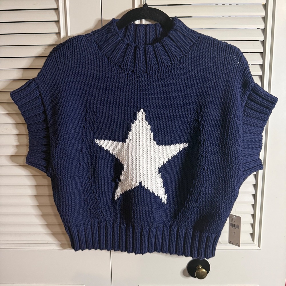 Maeve Anthropologie Navy Star Chunky Knit Mock Neck Sweater Vest Small NWT